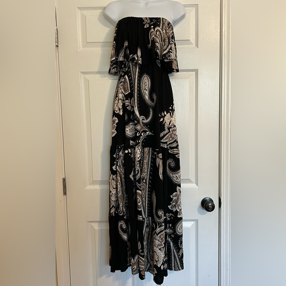 LASCANA VENUS Black Floral Beachy Print Jersey Knit‎ Strapless Maxi Dress Sz XS